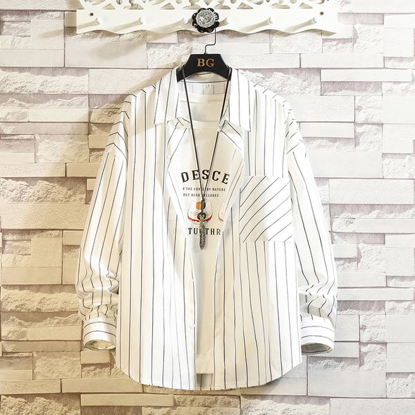 

brand 2021 spring autumn long sleeves new black white collar korea style striped shirt for men's clothes 58zr, White;black