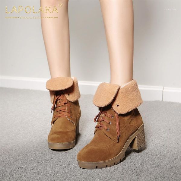 

boots lapolaka 2021 brand big size 43 winter warm woman shoes thick heels shoelace platform comfy office ladies boot1, Black