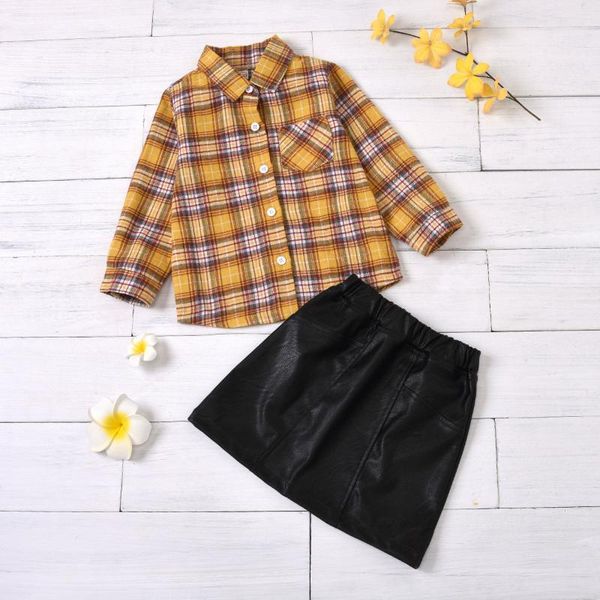 

baby sets girls' lapel long sleeve plaid shirt +solid color pu leather skirt, White