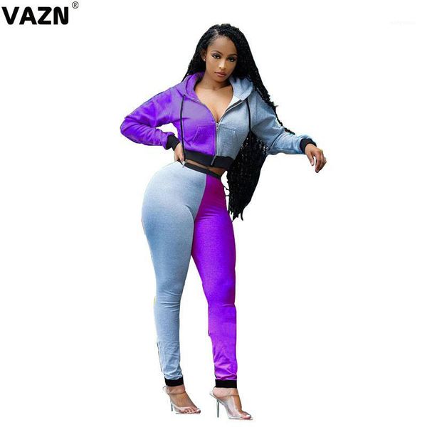 

vazn 2020 gray with purple v-neck zippers hip wind street energetic 2 piece set full sleeve long pant 2 pieces set1