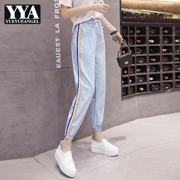 

summer women ankle length elastic waist jeans casual streetwear side striped harem pants trousers ladies joggers denim pants1, Blue