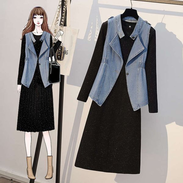 

large women's fall 2020 slightly fat girls wear two-piece suit dress with age reducing and slim waistcoat, Black;gray