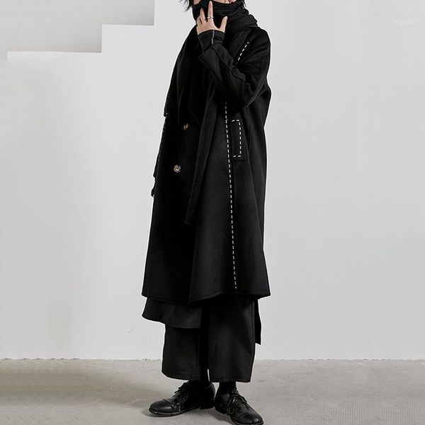 

loose fit black line split big size long woolen coat parkas new long sleeve women fashion tide autumn winter 20201