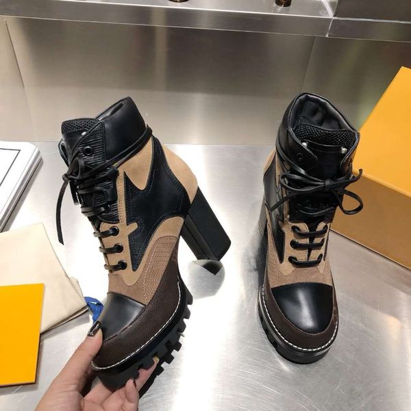 

2020 new star trail ankle boot high-heeled shoes , suede calf leather boots with canvas military-inspired style martin booties , 9cm heel, Black