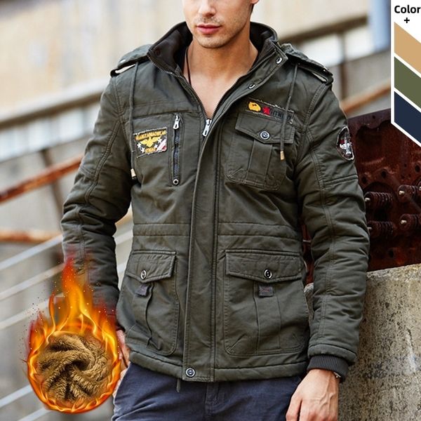 

men winter casual military tactical jacket fashion hooded fleece parka mens thick warm cotton padded cargo flight outwear 201120, Black