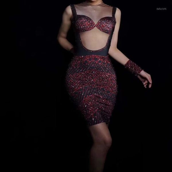 

full rhinestones sling dresses big stretch sleeveless women birthday party celebration nightclub bar singer clothing1, Black;red