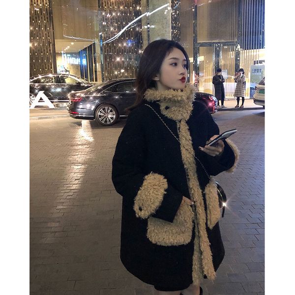 

2021 new winter goatee of amendment lamb woman's only-breasted temperament thickened retro tube straight type medium coat 1k6i, Black