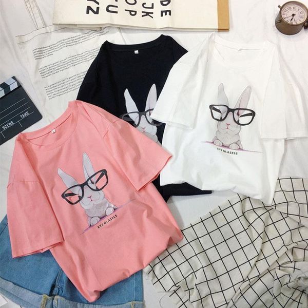 

s-3xl rabbit printed loose spandex soft t shirt women shirts o neck short sleeve summer t-shirt casual pink tshirt, White