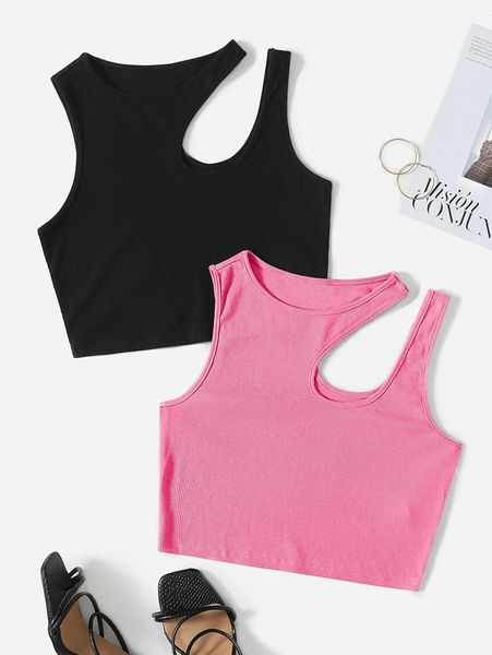 

2pcs solid asymmetrical neck tank g53k#, White