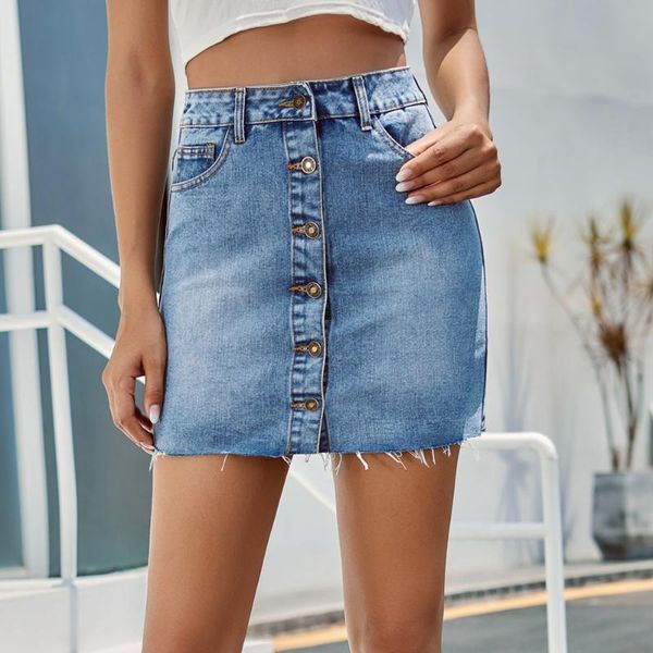 

blue denim mini skirts women 2021 high waist button up with pockets ladies summer skinny washed vintage streetwear skirts, Black