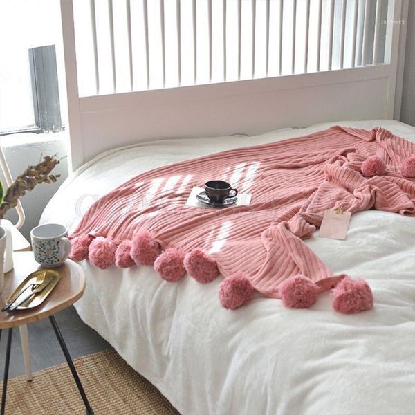 

knitted solid candy color throw blanket cute pompom tassels ribbed striped air conditioning sofa bed warm cover shawl1