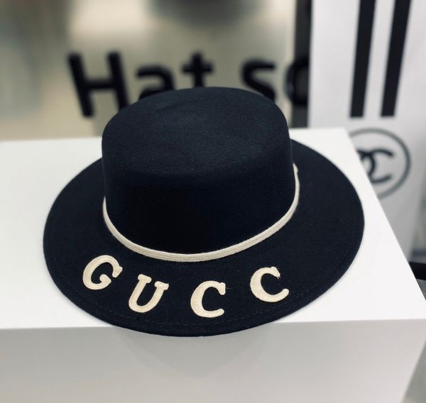 

luxury hat g family 20 autumn / winter new fashion ladies wool flat elegant big brim warm shopping hat, Black;white