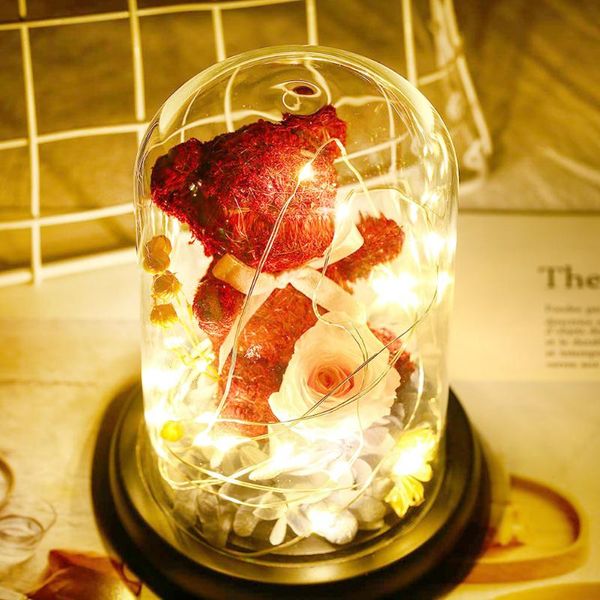 

flower bear rose in glass dome led night light decor wedding christmas gift