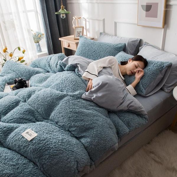 

blue winter bedding set cashmere crystal velvet ab side duvet cover flannel bed sheet warm grey black  king home textile1