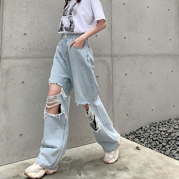 

2021 new spring summer fashion casual denim pants boyfriend hole womens jeans high waisted ripped jeans for women y160, Blue