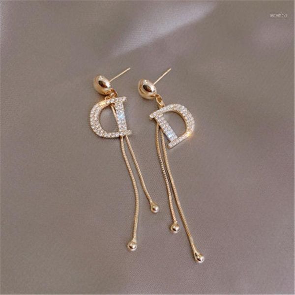 

big brand lady inlaid d letter long tassel earrings simple wild earrings silver needle pendientes s0381