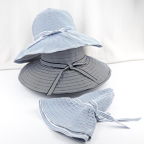 

summer women sun hat for femme ladies foldable fisherman hat beach holiday sun cap women's striped pattern hats, Blue;gray