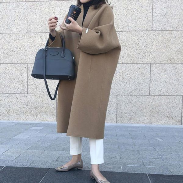 

women's wool & blends woolen coats women 2021 coffee color long loose slim elegent collarless fashion casual female autumn winter warm, Black