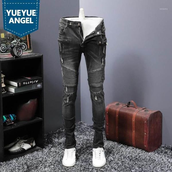 

vintage ripped hole jeans men classic pleated slim fit denim biker trousers street style hip hop jean pants denim overalls male1, Blue