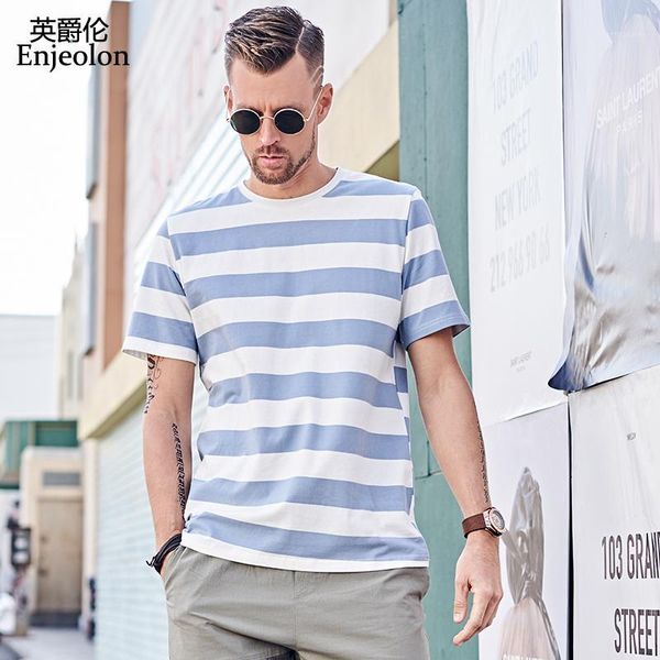 

enjeolon summer new men's short sleeve striped t shirts men full cotton o-neck t-shirts casual tee shirts clothing t81861, White;black