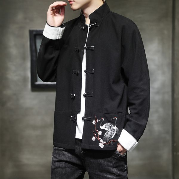 

2021 spring new chinese style crane embroidered men's casual loose coil button tang jacket, Black;brown