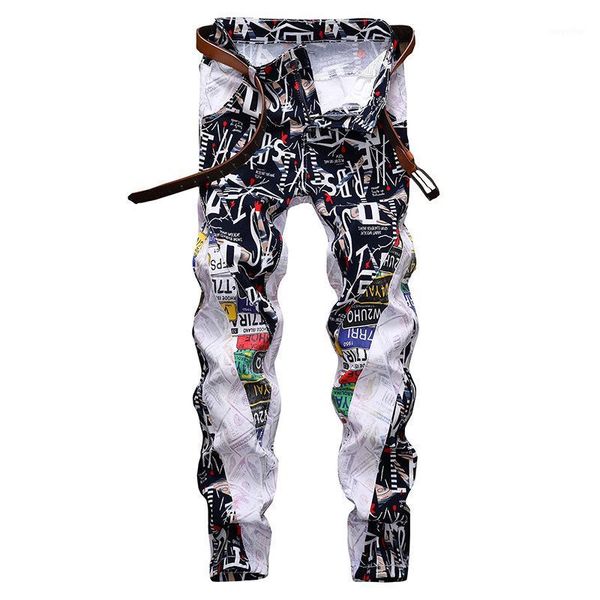 

men's letters printed patchwork white jeans fashion colored painted slim straight denim pants1, Blue