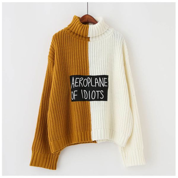 

2021 new thick turtleneck women autumn winter harajuku vintage patchwork pull femme hiver jumper pullovers sweater ko3z, Black;gray