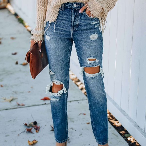 

selling women's jeans with no spring, slim fit and broken holes, Blue