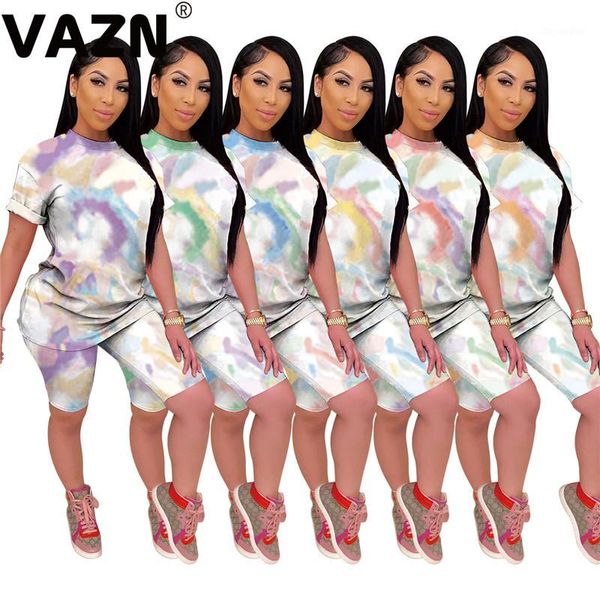 

vazn new product 2020 summer lady 6 colors 2-piece mid set short sleeve o-neck t shirt knee-length pants set casual sets1, White