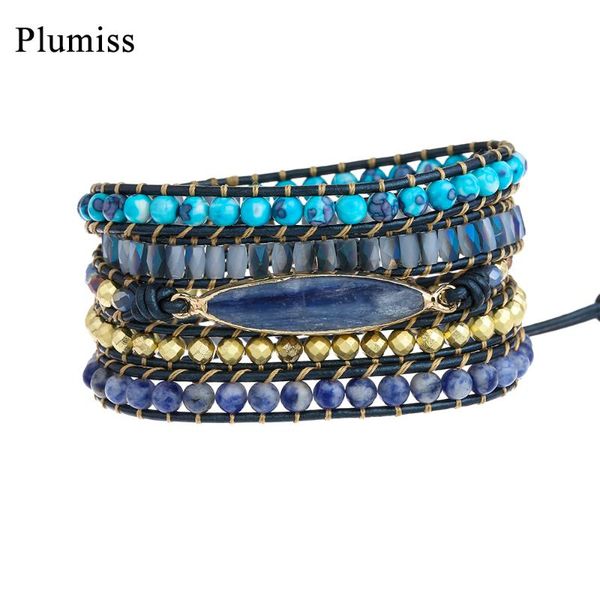 

tennis plumiss natural stone crystal wrap bracelet for women 5 layers beaded bracelets charms blue kyanite jewelry healing properties, Golden;silver