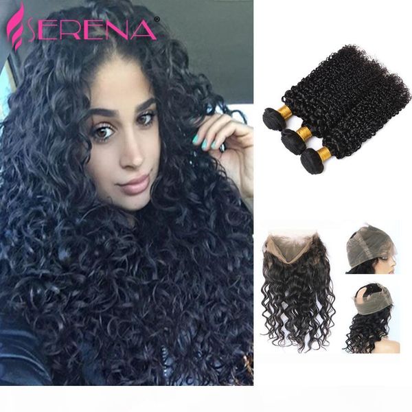 

360 lace frontal with bundle 7a mongolian kinky curly hair 360 lace frontal closure with bundles 360 full frontal with 3 bundles, Black;brown