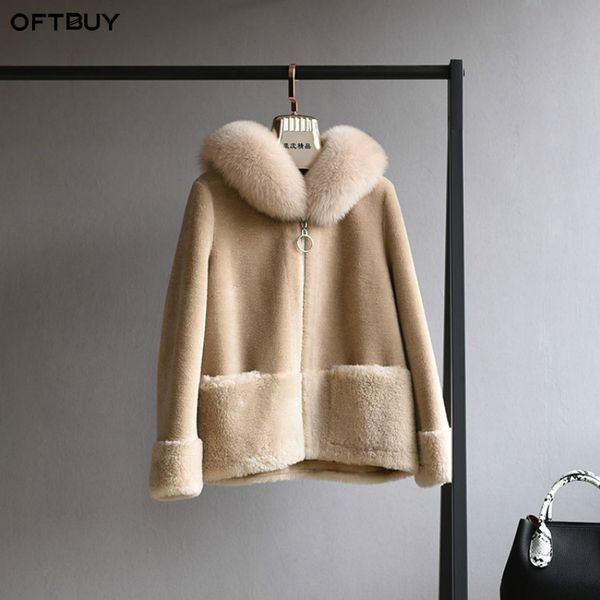 

oftbuy real fur coat winter jacket women natural fox fur collar hood 100% wool content woven outerwear teddy polar fleece plushx1019, Black
