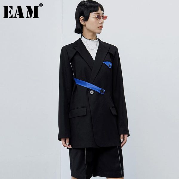 

eam] loose fit spliced false two pieces hit color jacket new lapel long sleeve women coat fashion tide spring autumn 2020 1b676, Black;brown