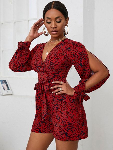 

leopard print tie cuff overlap collar belted romper g9m8#, White