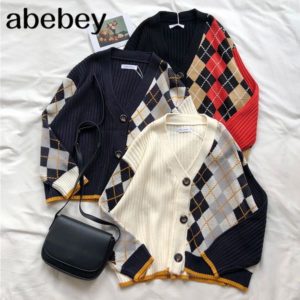 

3 colors 2020 spring and autumn korean style color patchwork v neck plaid knittd cardigans womens sweaters womens () lj201112, White;black