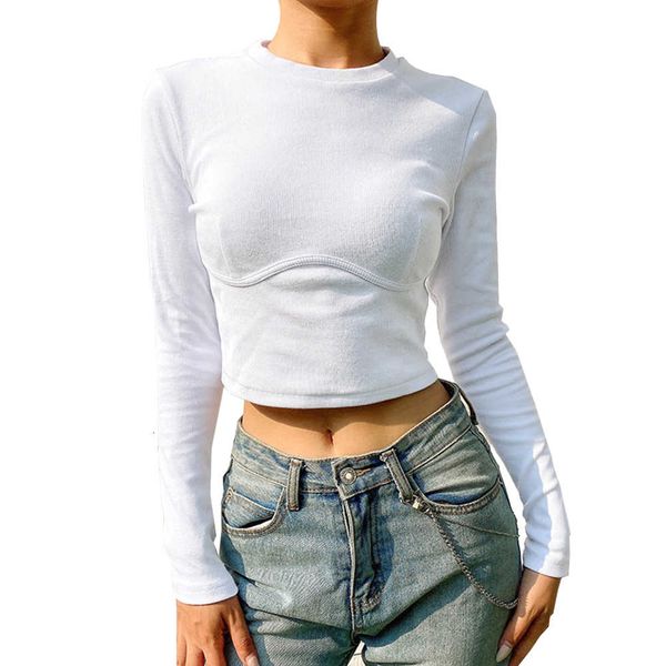 

women's fashion knitting round collar bodycon cropped party club casual simple solid color t-shirt autumn new slim tee, White