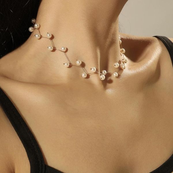 

new trendy elegance statement necklace charm simulated pearl bead choker necklace for women kolye collier femme, Golden;silver