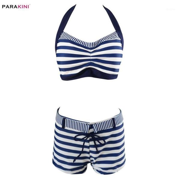 

parakini high waist swimwear striped bikini women push up swimsuit 2020 new vintage halter bathing suit shorts halter biquini1, White;black