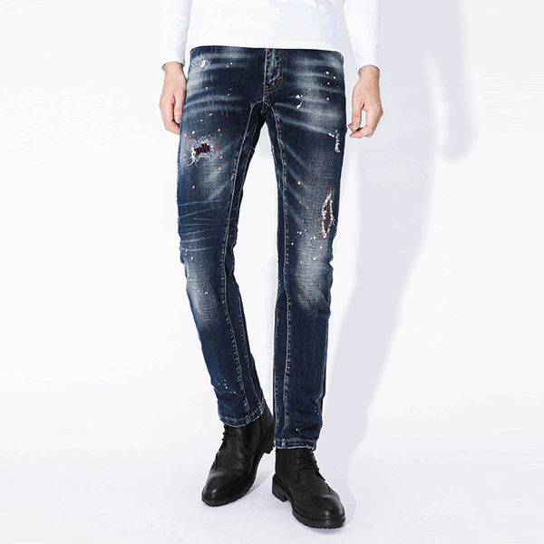 

2021 new jeans for ripped men painted thin strain pants embroidered hip hip-hop embroidery blue spring 6ggo