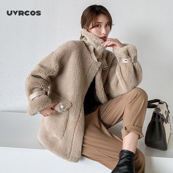 

uvrcos women autumn winter real lamb fur sheepskin coat genuine granular sheep shearing jacket female casual warm outerwear, Black