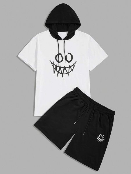 

men cartoon graphic hooded tee & track shorts 22jj#, Gray