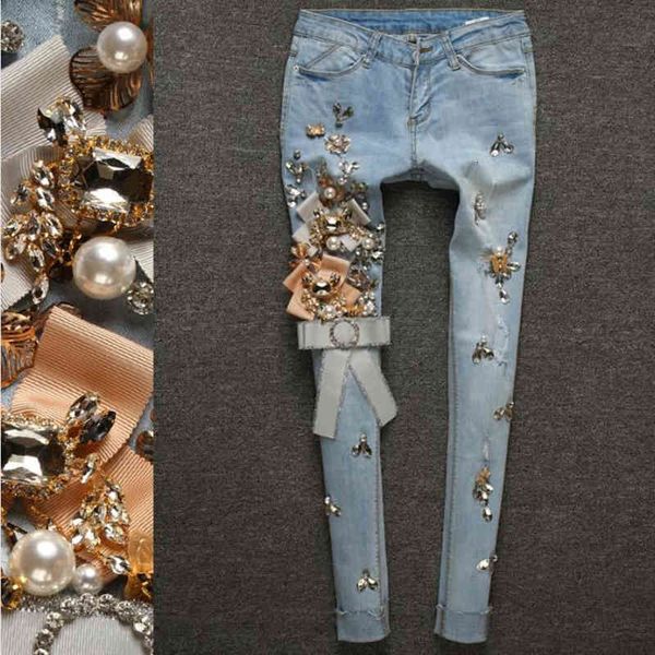 

women's jeans spring autumn stretch thin denim pencil slim elastic ladies fashion skinny luxury beading diamond ripped 3f4m, Blue