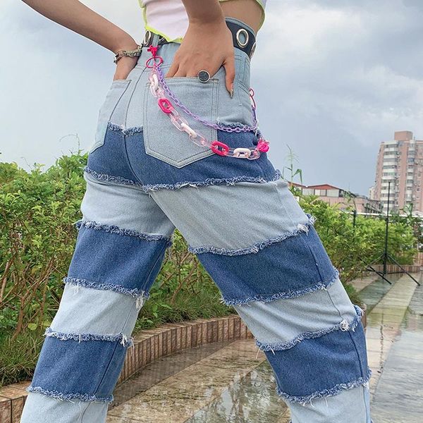 

women high waist casual jeans fashion washed bleached patchwork contrast denim pants high street hip-hop ladies straight jorgger, Blue