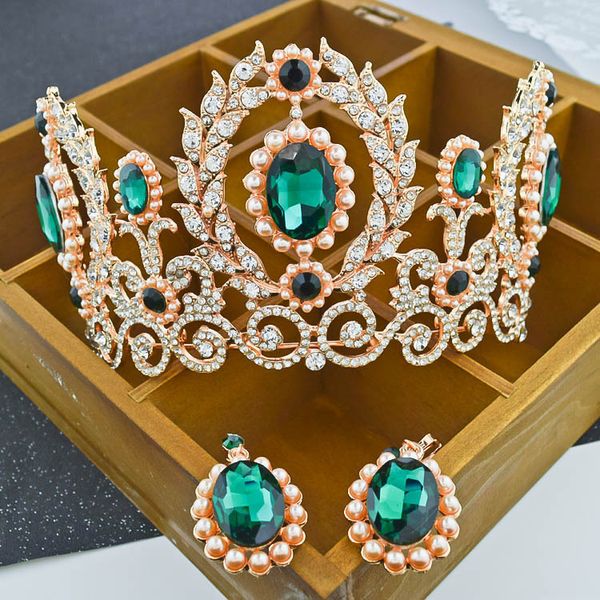 

new gorgeous big hair pearl cubic zirconia bridal tiara crown with earrings crystal wedding hair accessories jewelry suits, Pink