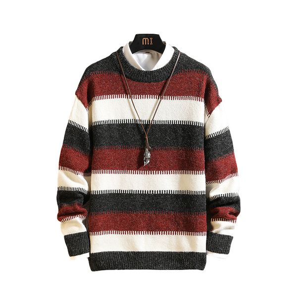 

mens fashion autumn knitwear o neck casual warm striped knitted sweater male loose pullover -5xl, White;black