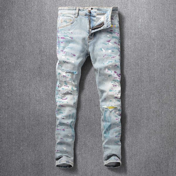 

street fashion men's jeans with holes painted, Black