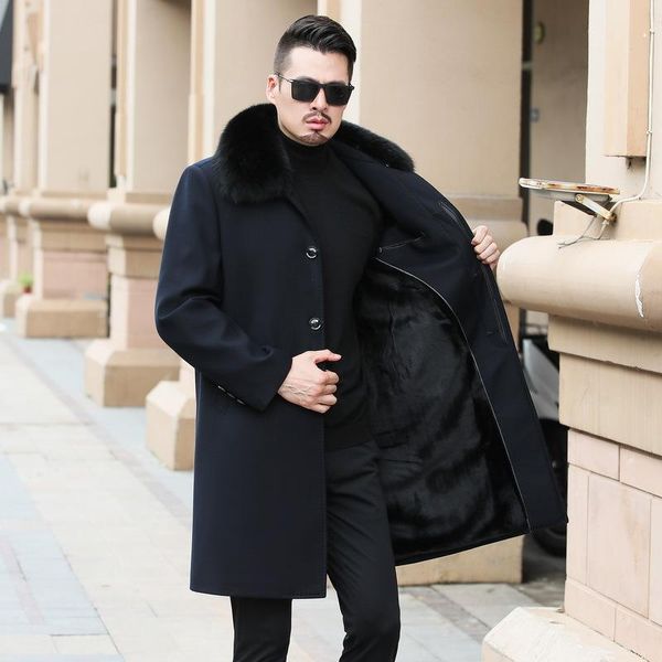 

men's wool & blends 2021 extra long real fur collar manteau homme hiver thicken warm velet lining winter coat men, Black