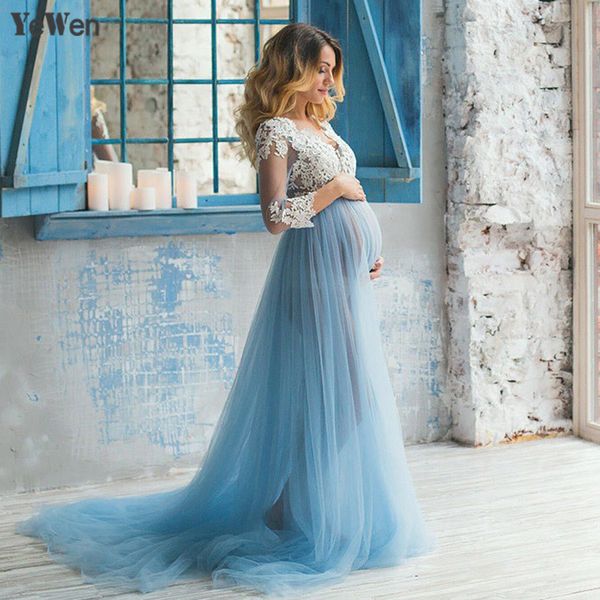 Dentelle formelle enceinte Photo robe à manches longues Tulle bleu royal robe de bal robes de soirée, plus la taille 2020 robe de soirée parti LJ201124