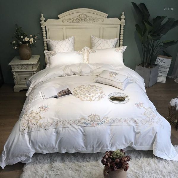 

30 600tc egyptian cotton white bedding set embroidery duvet cover bed set  king size bed sheet fitted sheet parure1