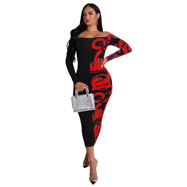

womens designer plus size dresses long sleeve slash neck print bodycon dress fashion casual women clothes